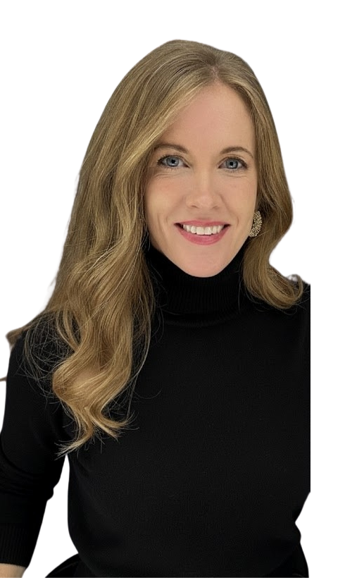 A woman with long blonde hair smiling, with a white background.