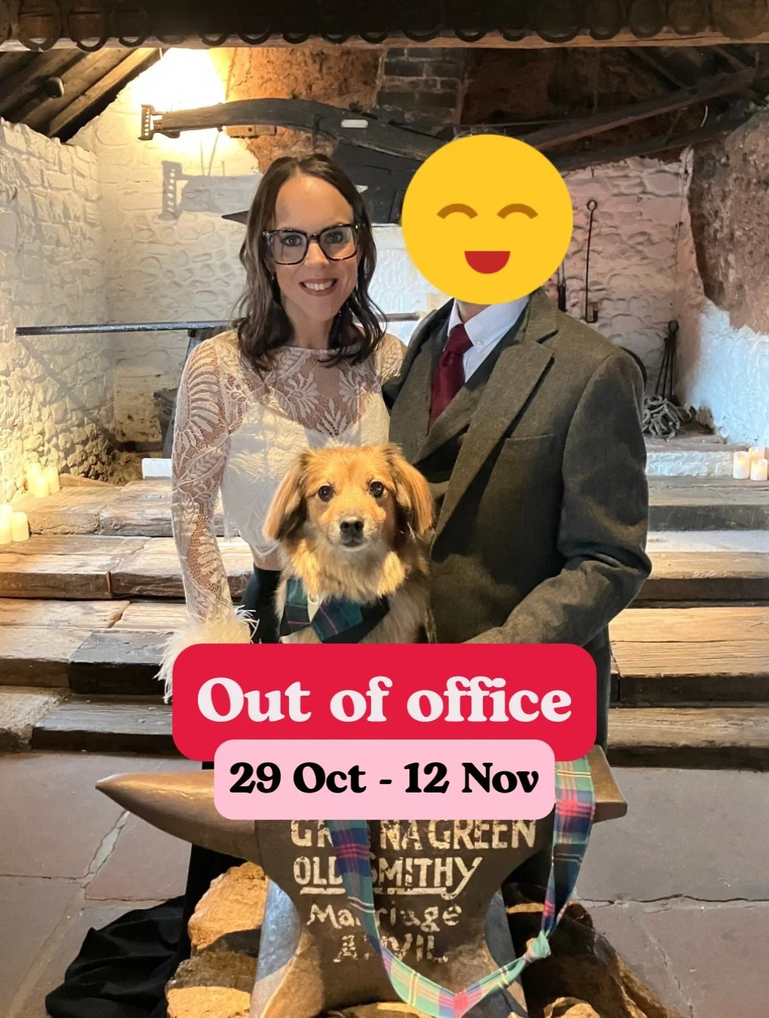 I&rsquo;m taking some proper time off! ☀️

Some of you now know that my partner and I recently eloped in a very small ceremony in Gretna Green, just us and Gio 🐶 We&rsquo;re now taking some time away to celebrate, recharge and play with racehorses i