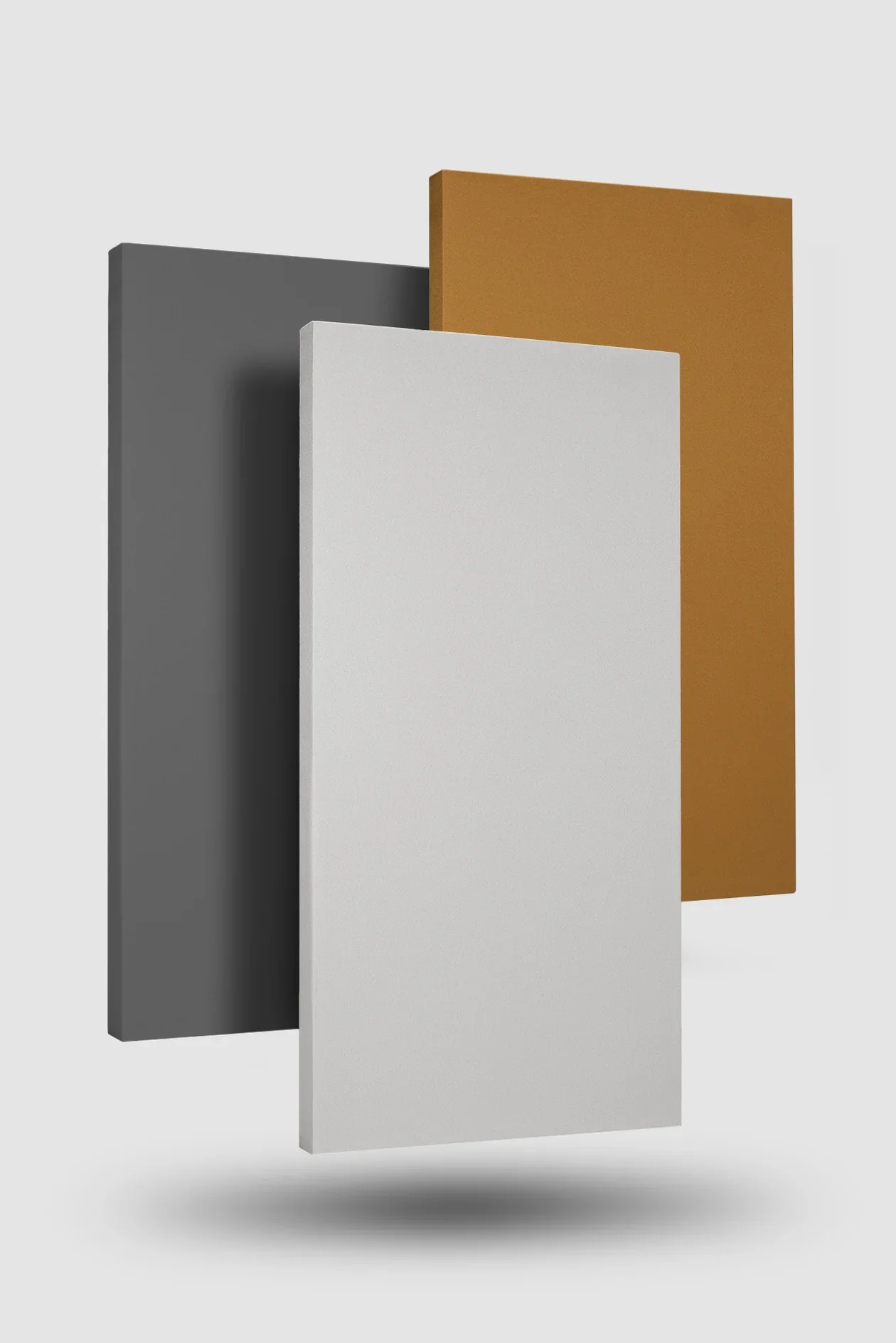 Three rectangular panels in gray, white, and brown, floating against a light gray background.