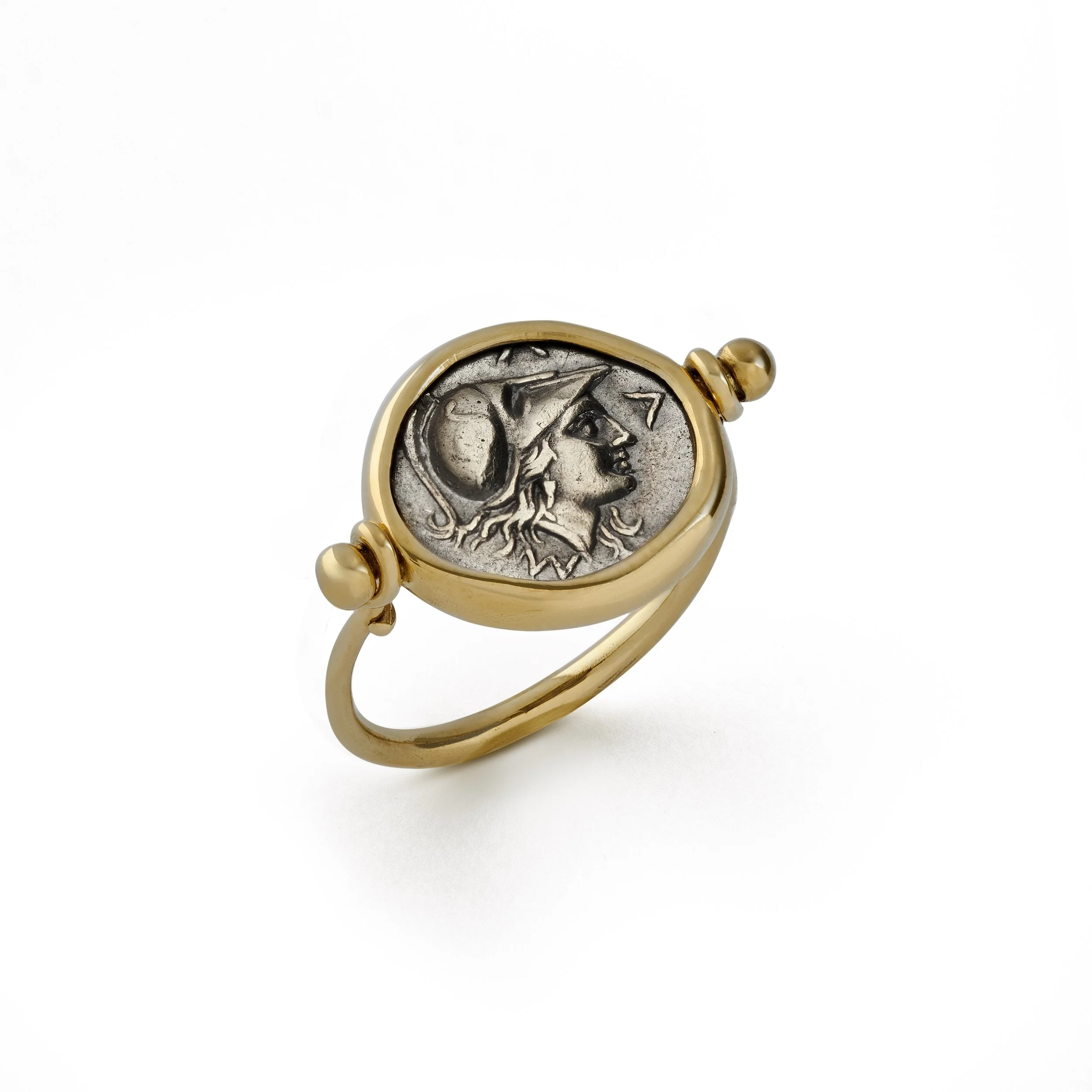 A Greek silver hemidrachm of Athena set in a modern gold swivel ring