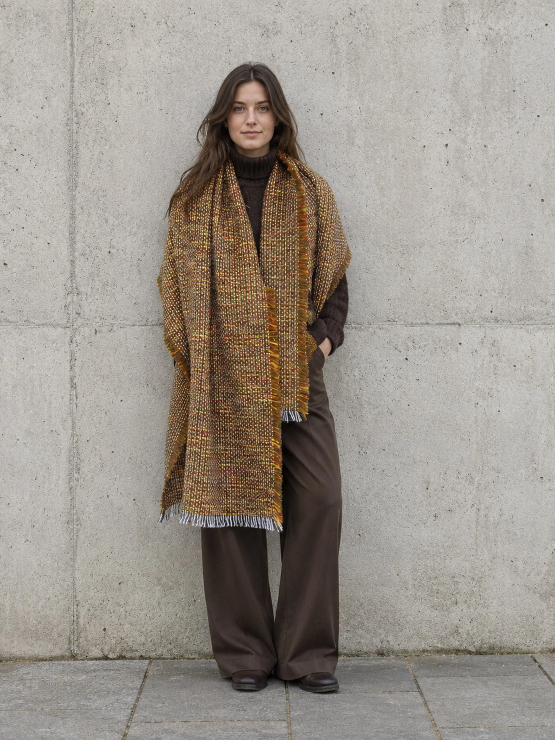 Clémence – royale tweed sjaal met warme herfstkleuren, gedragen over een donkerbruine outfit.