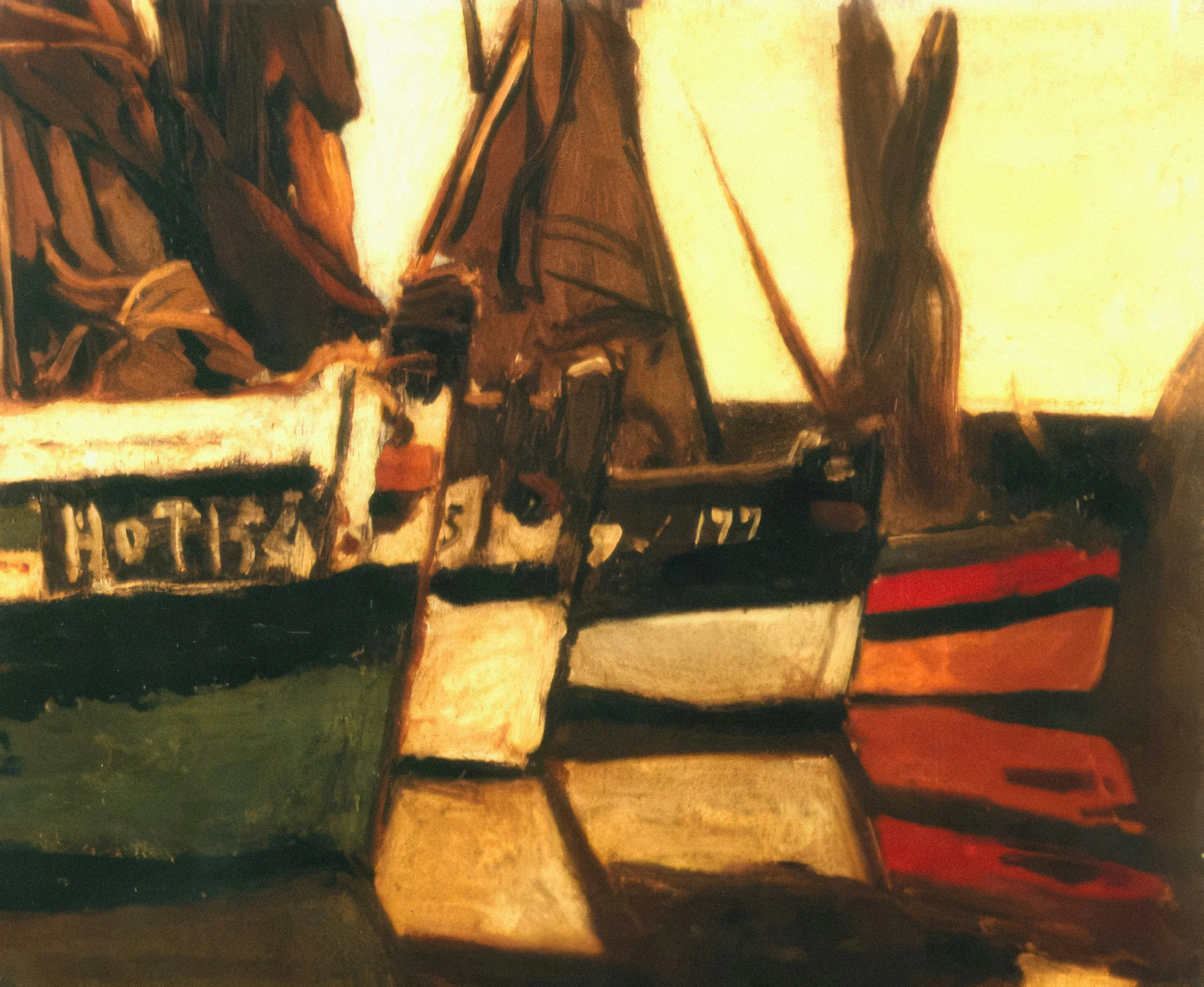 A painting of boats docked at a harbor with warm tones, featuring a boat with the word 'HOTEL' on its side in the foreground.