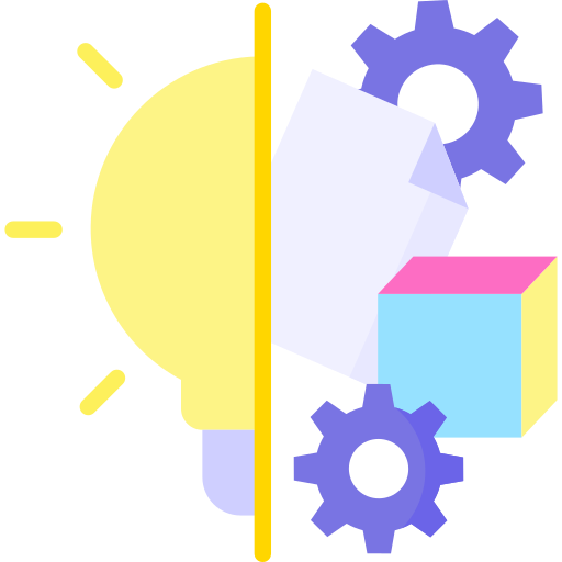 A stylized illustration of a lightbulb, gears, a cube, and a partial yellow circle, symbolizing ideas, innovation, and mechanics.