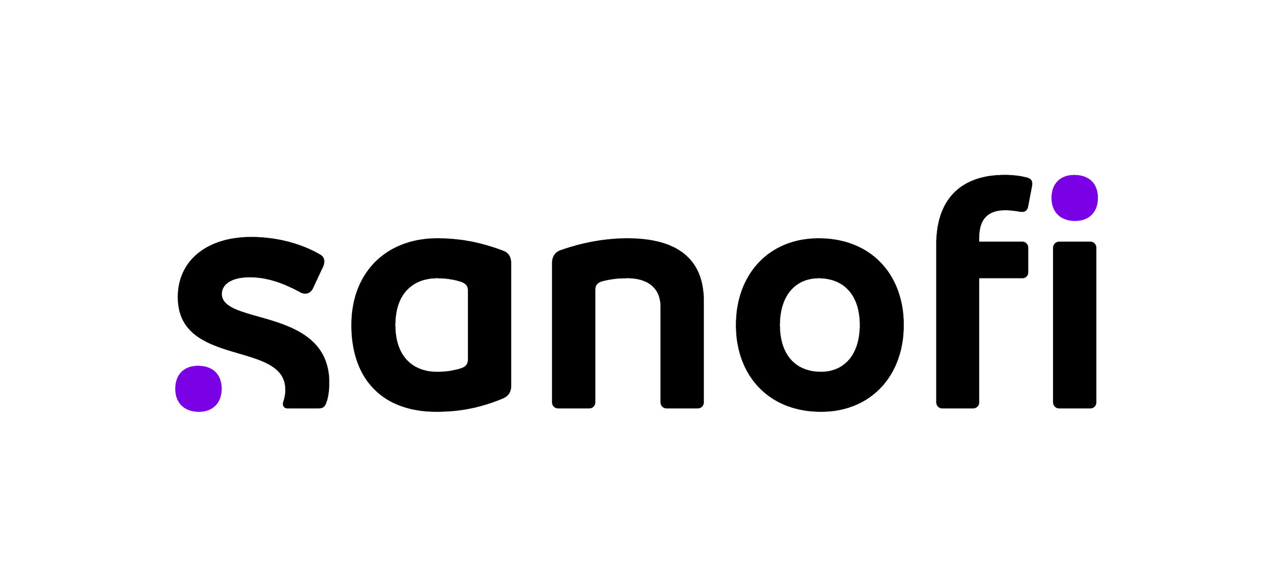 Sanofi logo with the brand name in black outline and two purple dots, one before the 's' and one after the 'i'.