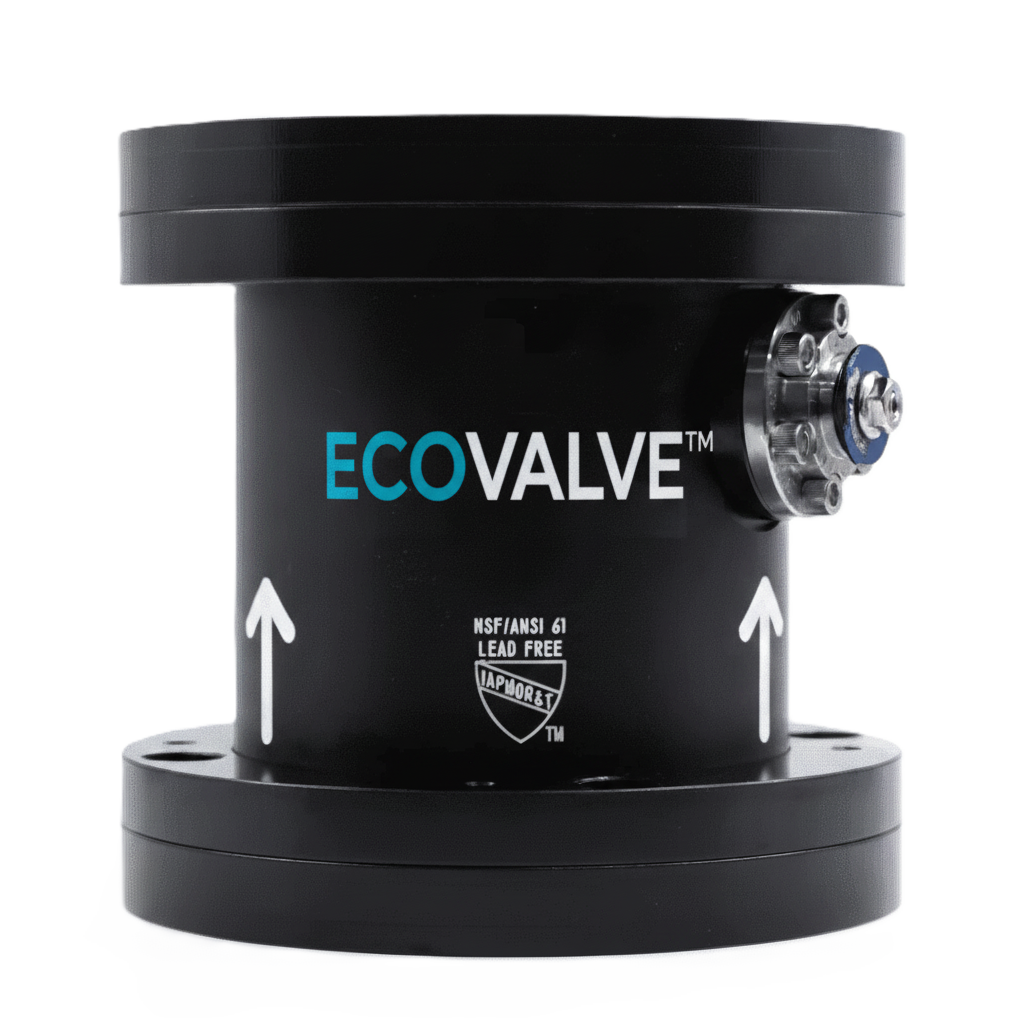 EcoValve smart industrial valve showing automated control mechanism and connection ports for energy-efficient plumbing applications