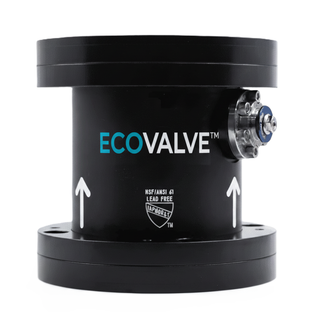 EcoValve smart industrial valve showing automated control mechanism and connection ports for energy-efficient plumbing applications