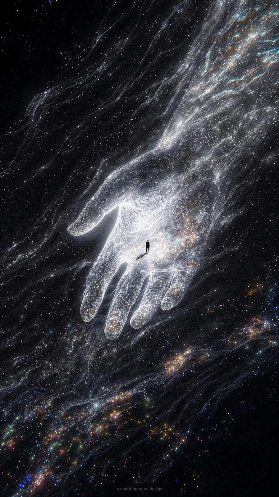 A surreal digital artwork depicting a giant, glowing hand reaching through a starry universe with a tiny human figure standing on its palm.