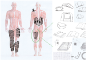 Diagram showing the anatomy and different parts of a human body with a focus on internal organs, alongside sketches of various objects and tools