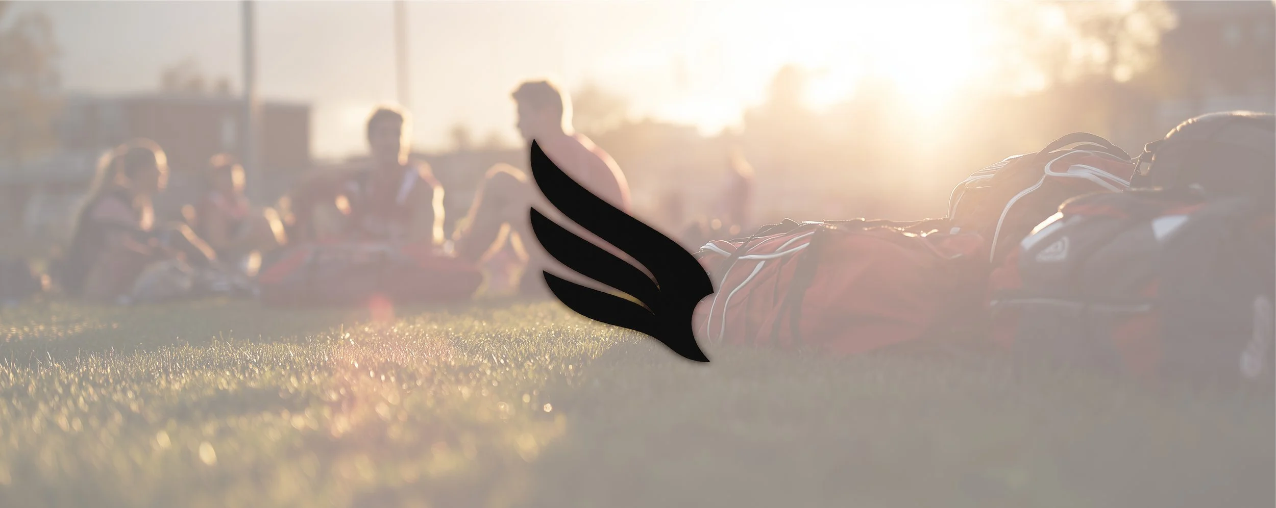 A group of people sitting on the grass and chatting in the late afternoon sunlight, with sports equipment and a person lying down in the foreground.