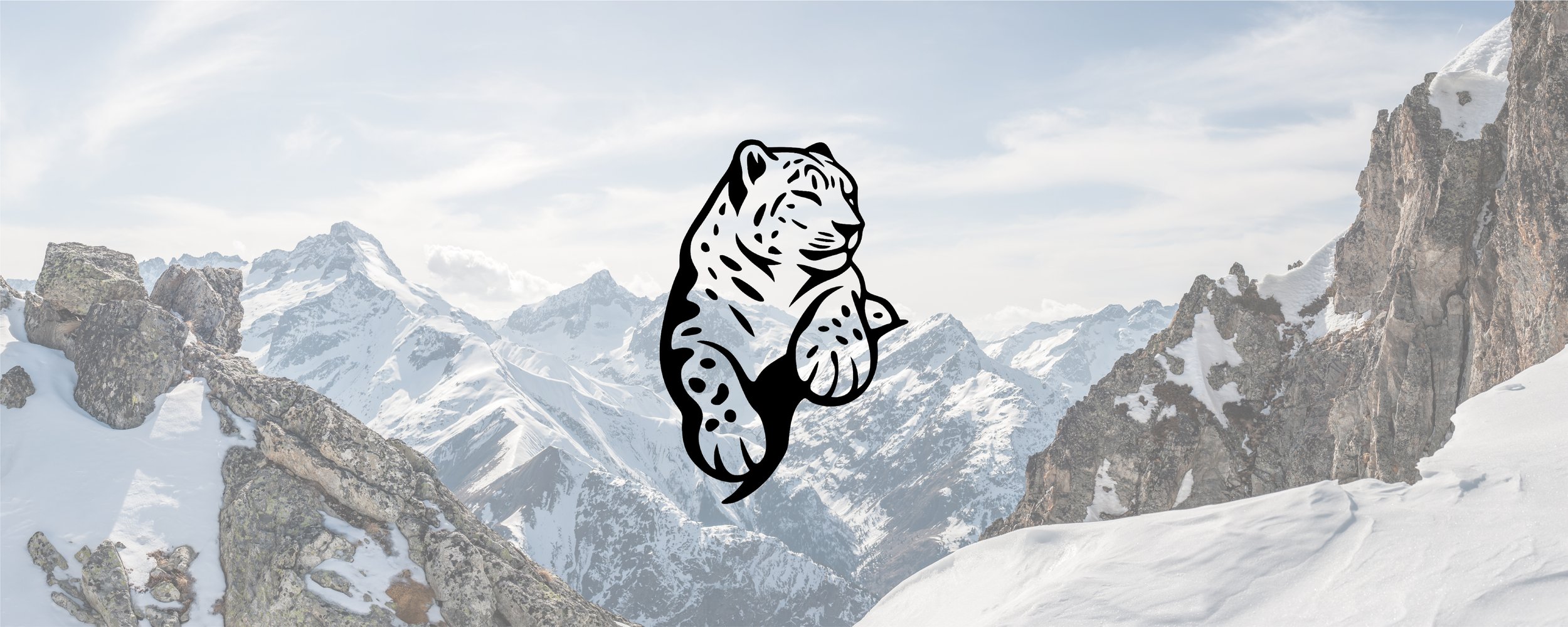 Black and white illustration of a tiger face over a snowy mountain landscape with rocky peaks and snow-covered slopes.