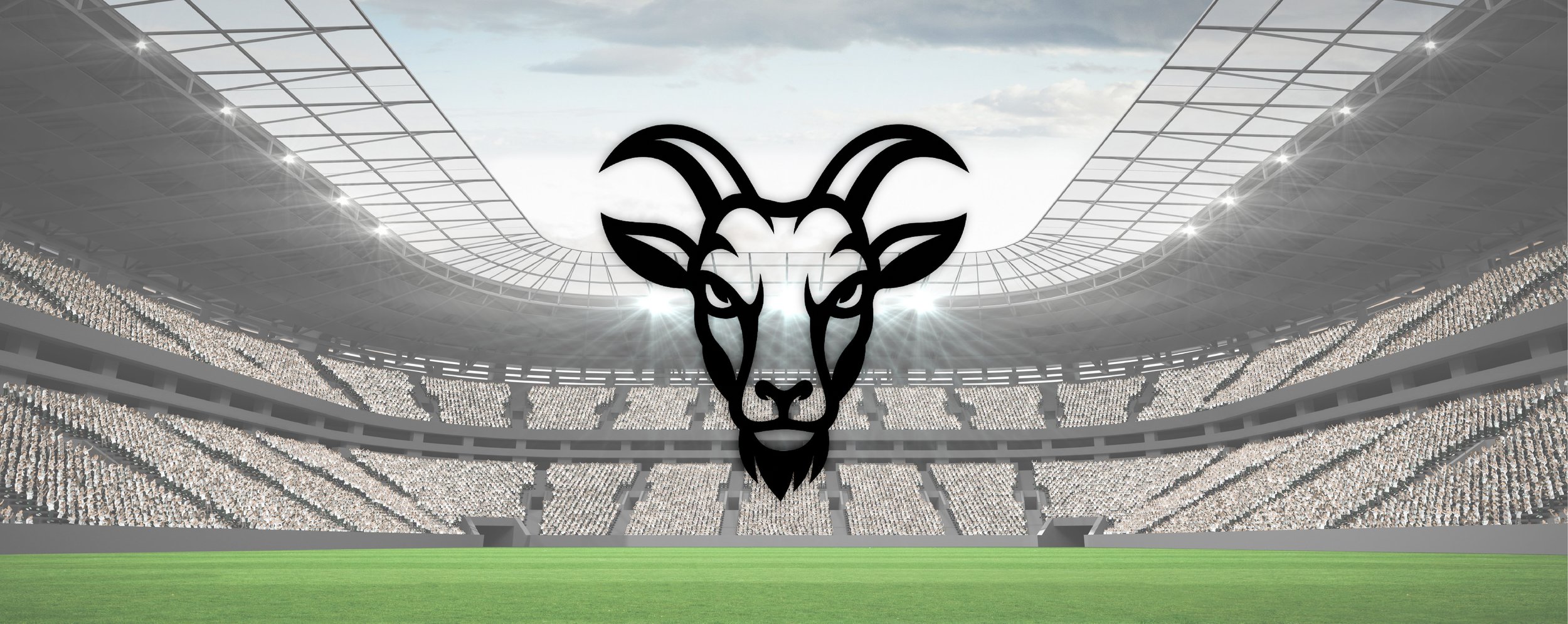 A large football stadium filled with seats and a grass field, with a stylized goat head logo superimposed in the center, and a cloudy sky above.