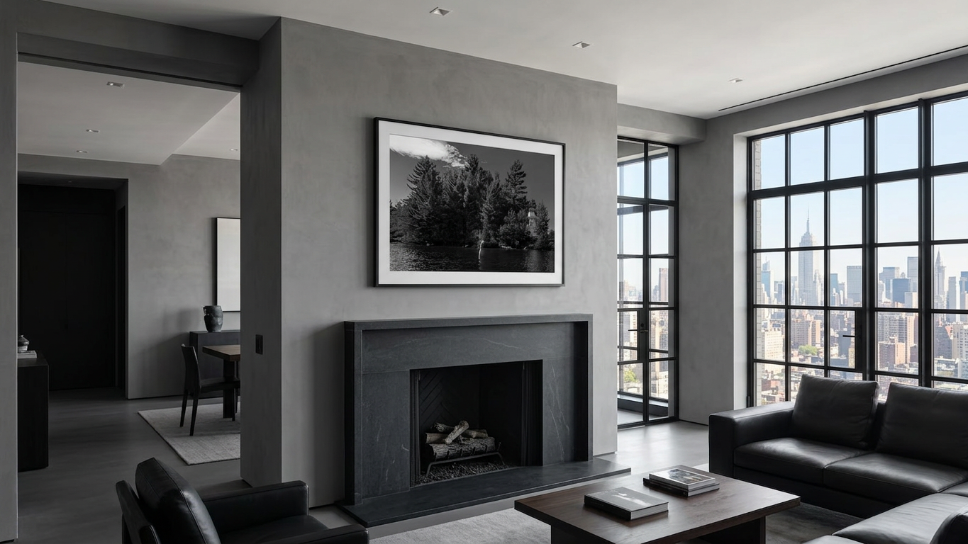 display this photo on the wall above the fireplace of a luxury style New York City loft with grey and black colour scheme and large windows and a city view.png