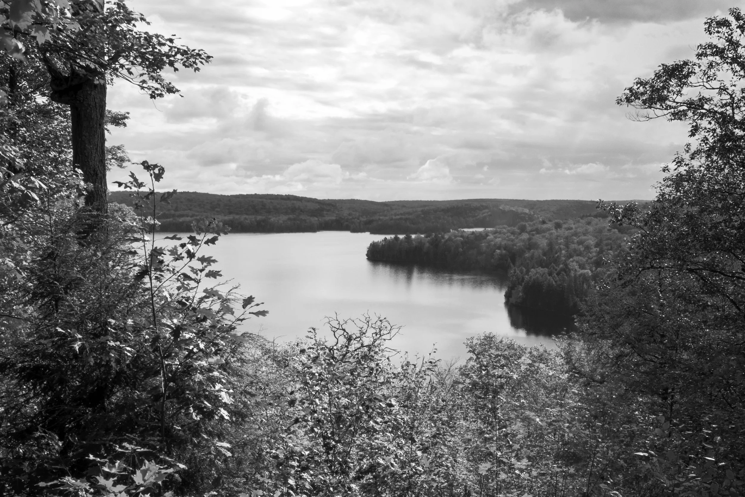 Black and white photo of a river or lake surrounded by trees and rolling hills in the distance, with partly cloudy sky overhead.