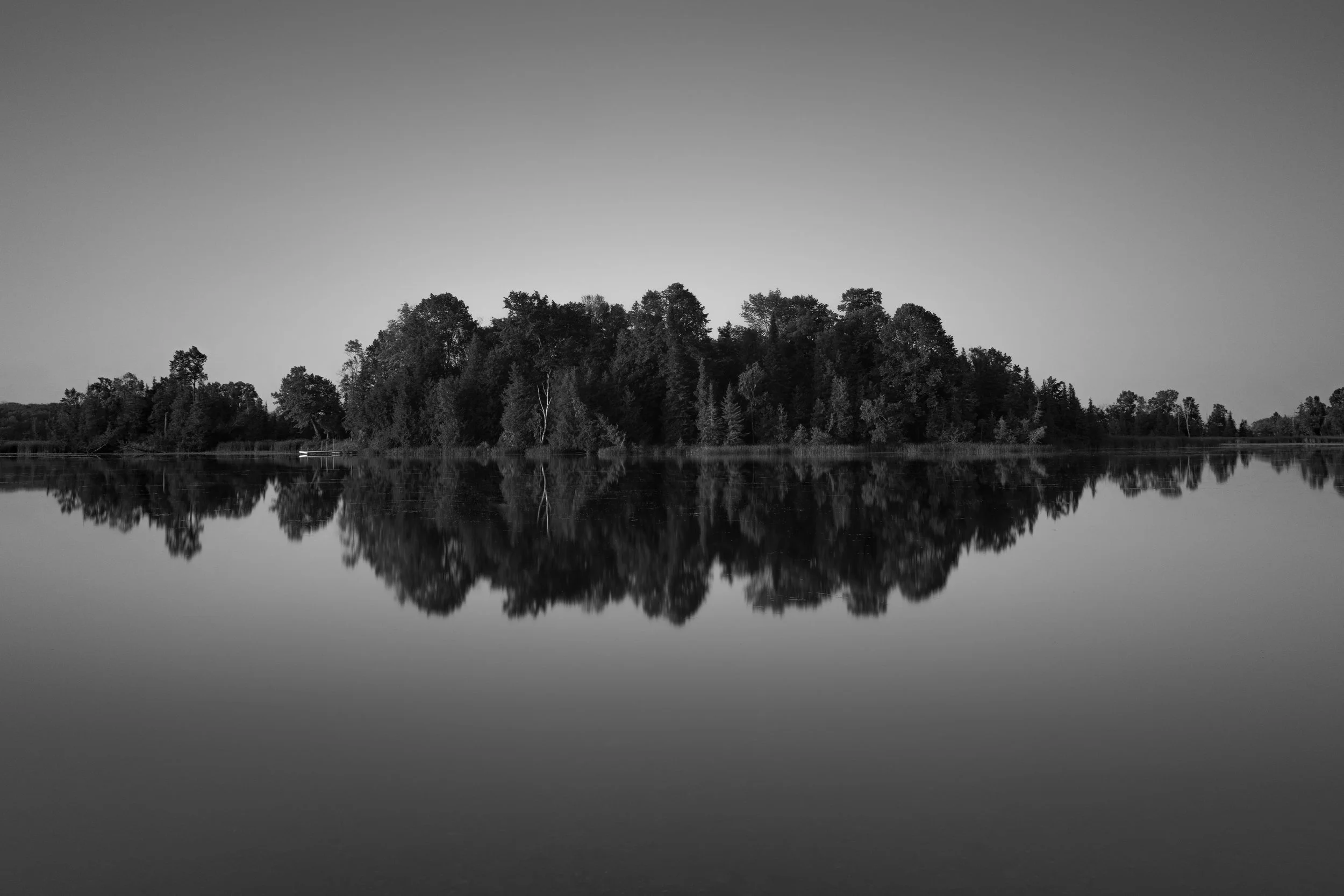 Black and white photo of a forested island reflected in a calm body of water.