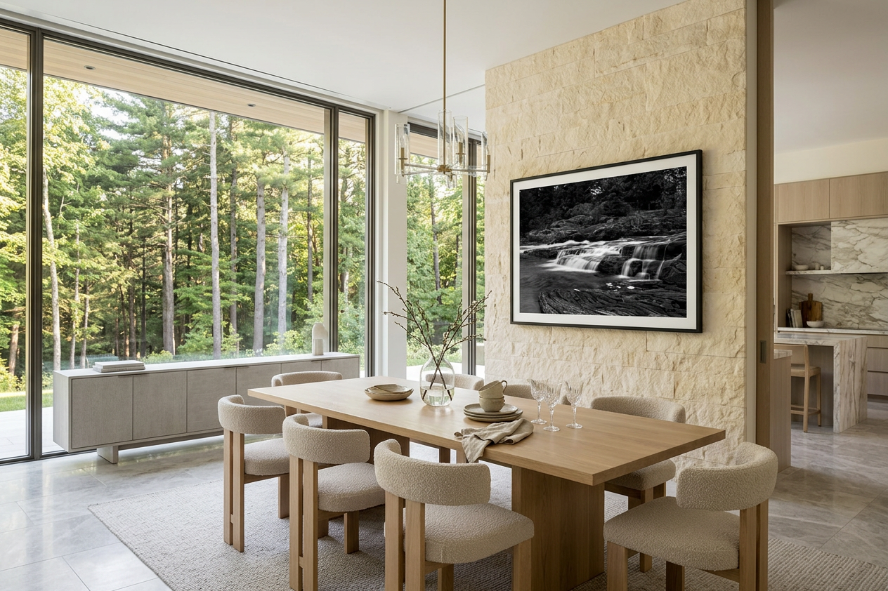 display this photo on the wall in a dining area of a luxury style house with light colour neutral furniture and large windows and a forest view.png