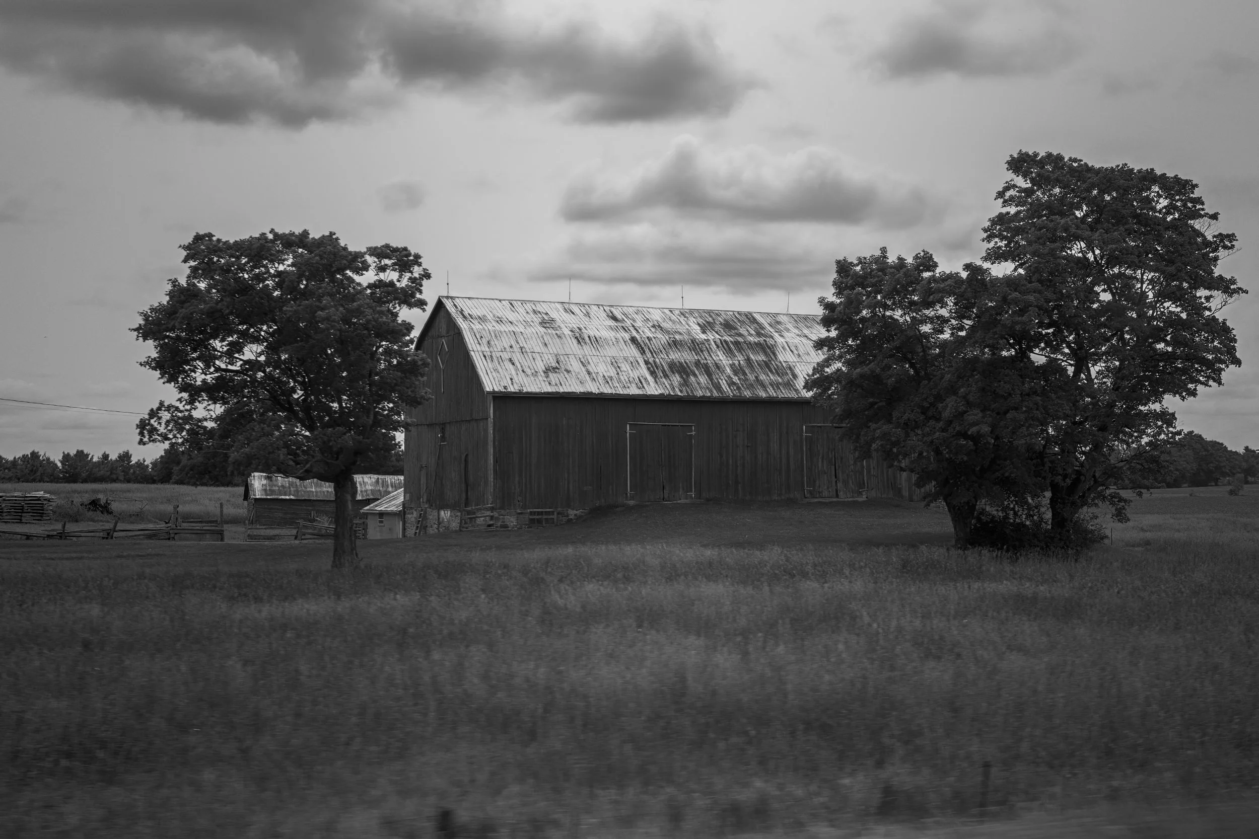 A black and white rural landscape with an old barn surrounded by trees and a grassy field, under cloudy sky.