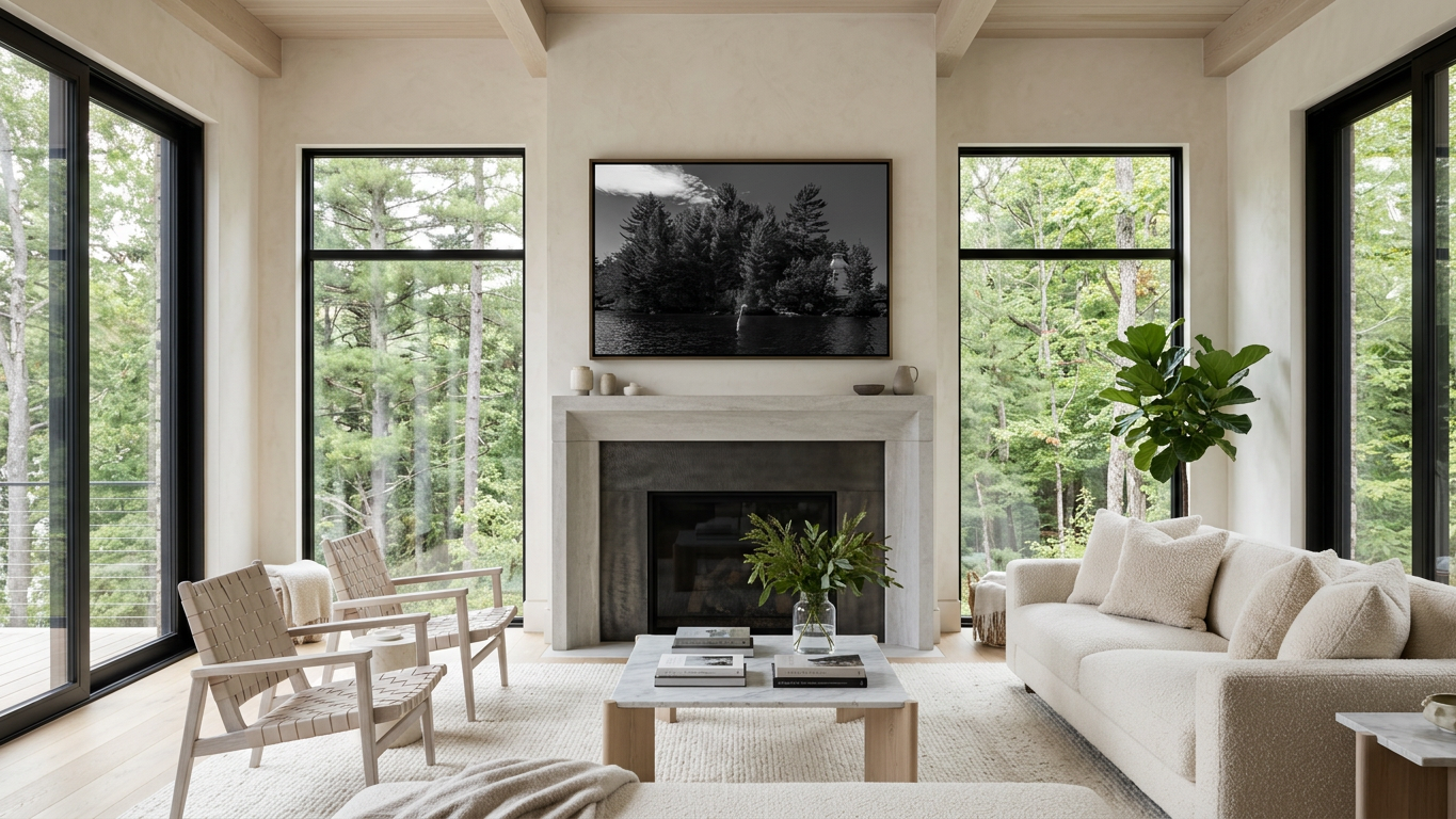 display this photo on the wall above the fireplace of a luxury style house with light colour neutral furniture and large windows and a forest view-2.png