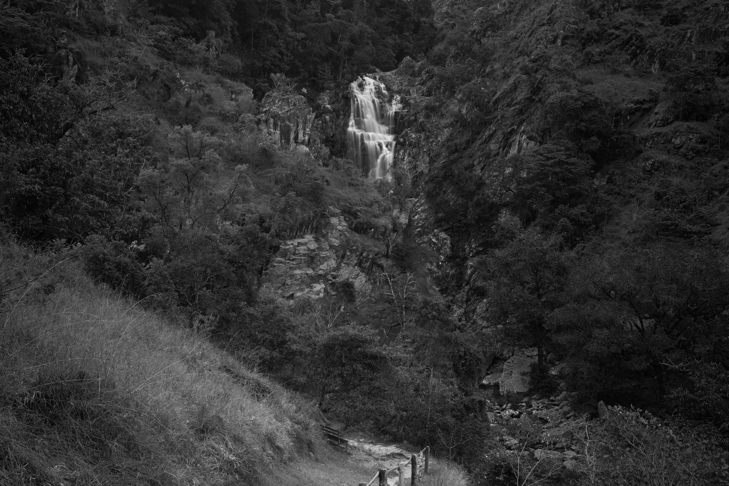 Black and white photo of a small waterfall in a forested canyon with a hiking trail in the foreground.