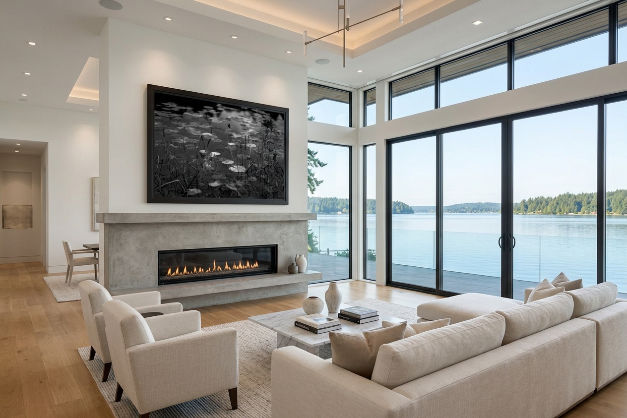 display this photo above the fireplace in a living room area of a luxury modern house with light colour neutral furniture and large windows and a lake view.png