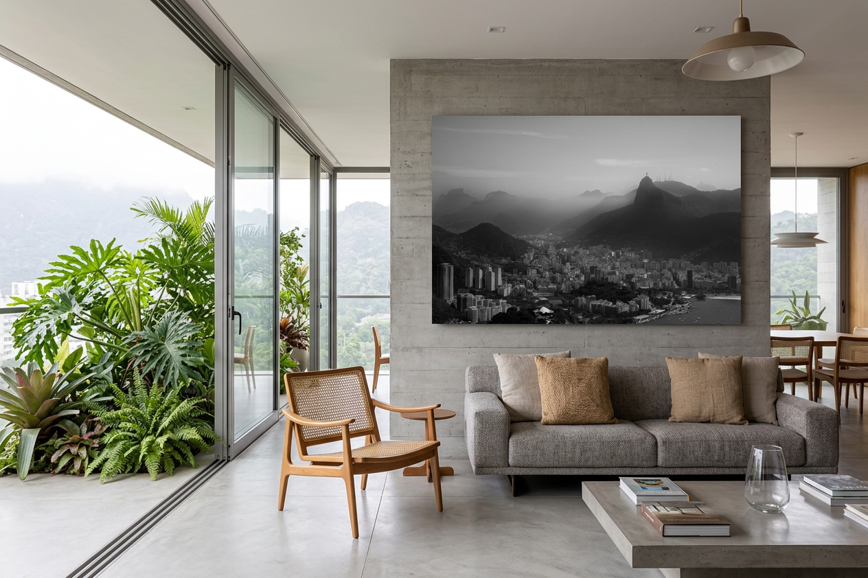display this photo on the wall in a modern brasilian style decor using neutral colours and open concept with glass and concrete.png