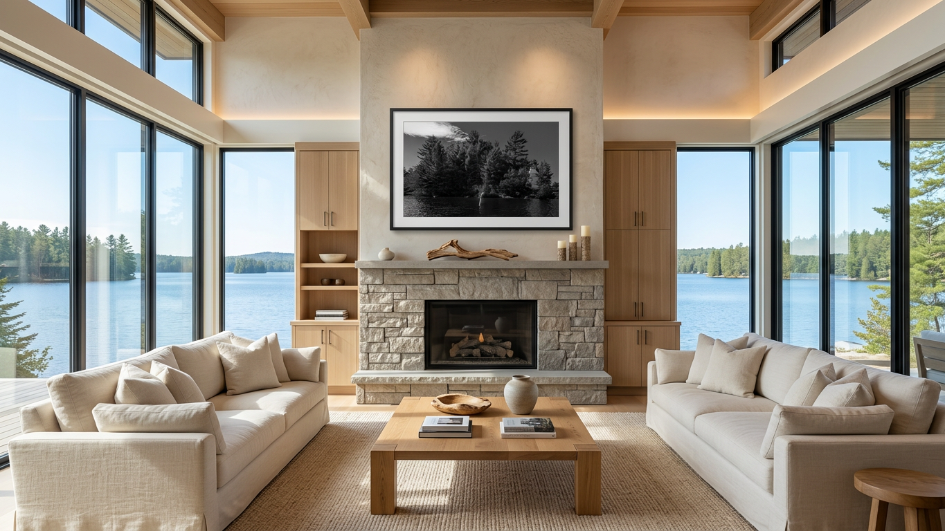 display this photo on the wall above the fireplace of a luxury style house with light colour neutral furniture and large windows and a lake view.png