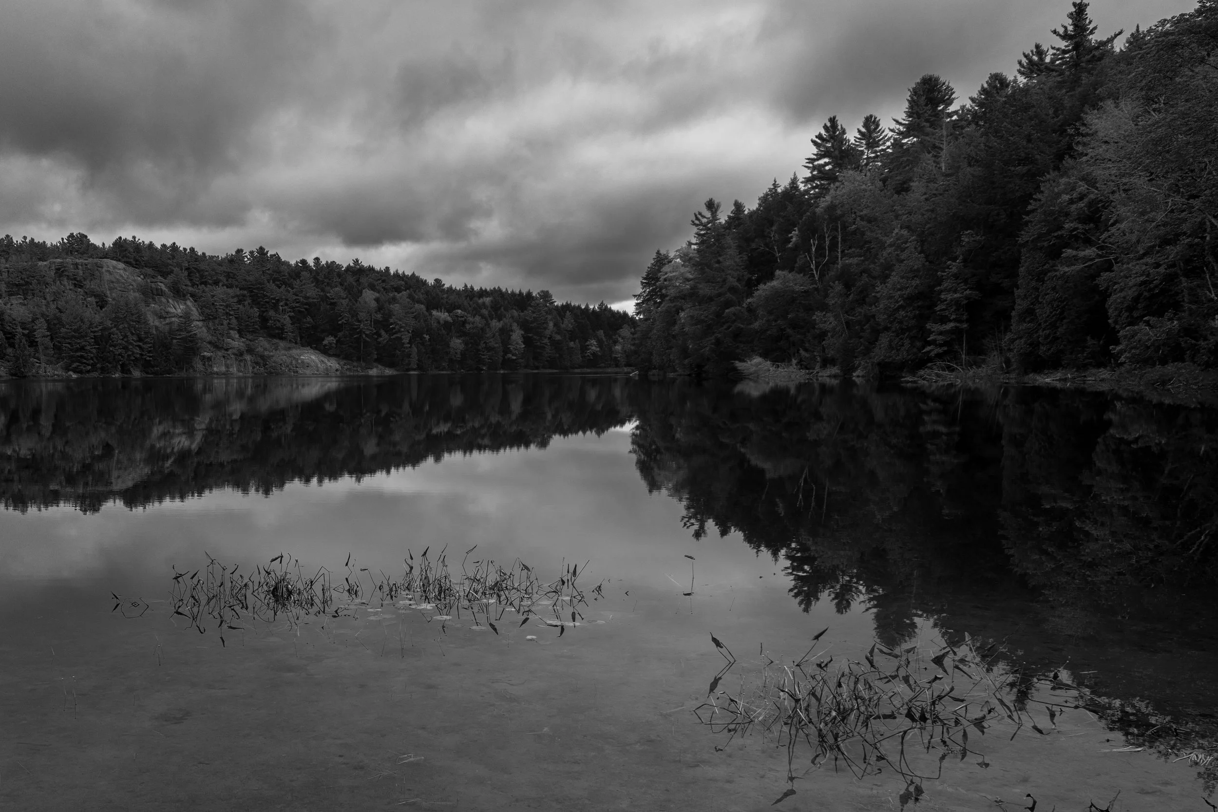 A black and white photograph of a calm lake surrounded by forested hills under a cloudy sky, with trees and clouds reflected on the water surface.