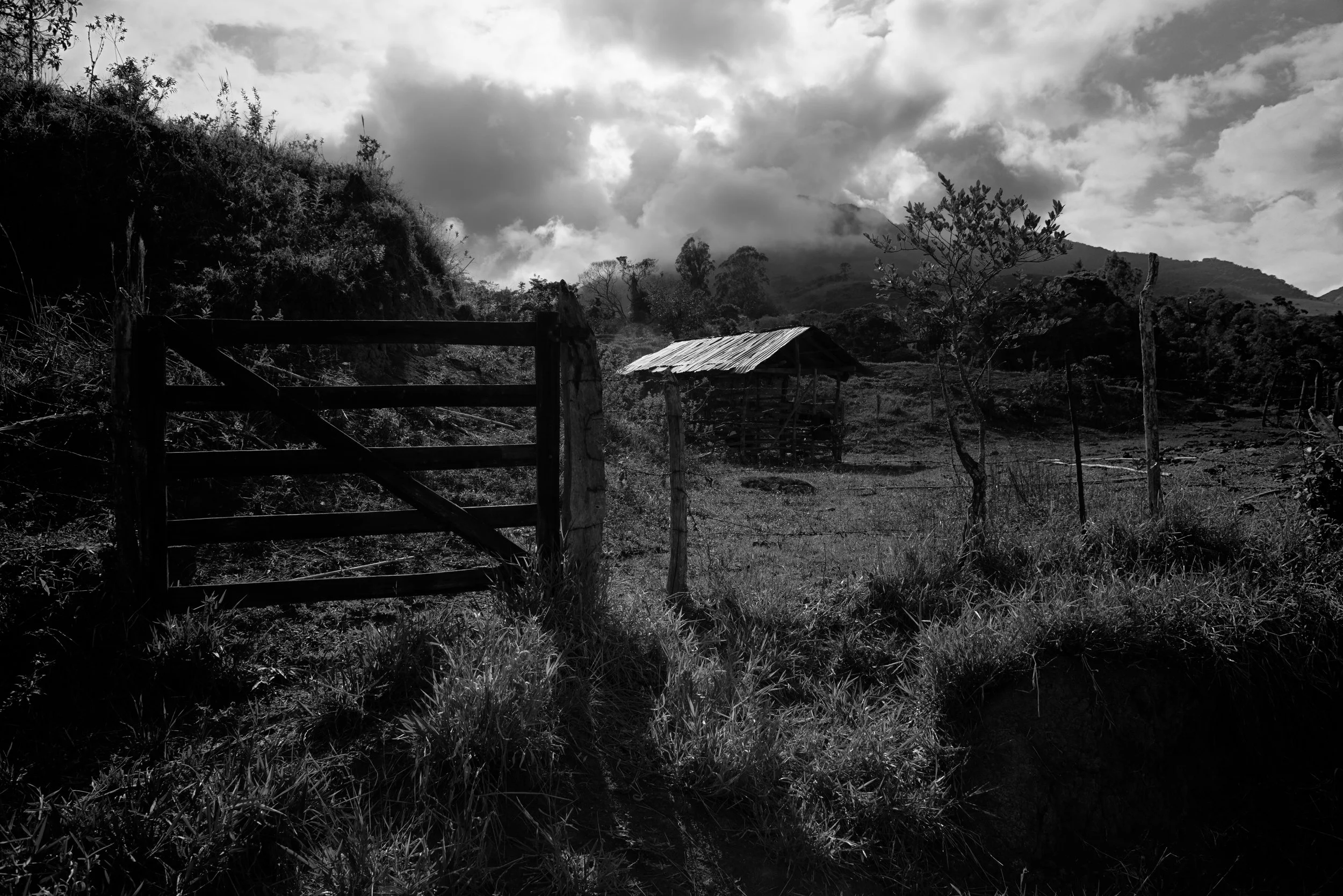A black-and-white landscape scene featuring a wooden gate in the foreground, a small weathered shed with a tin roof, trees, hilly terrain, and mountains in the background under a cloudy sky.