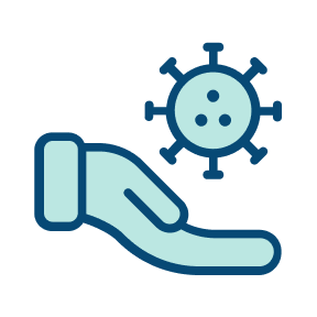 En hånd som holder en virus- eller bakterieillustrasjon, symboliserer beskyttelse eller helse.