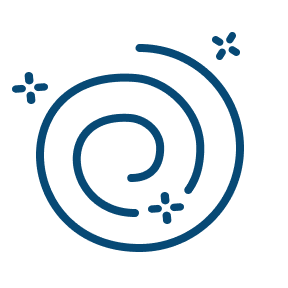 En skjerm med en blå spiral og små blomster rundt, som en enkel grafisk design.