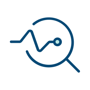 Sølvfarget forstørrelsesglass med graf med linje som går opp og ned, og en stjernegraf i sentrum.