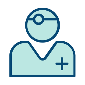 En illustrasjon av en helsepersonell i blått med hatt og stethoskop, som symbol for medisinsk omsorg.