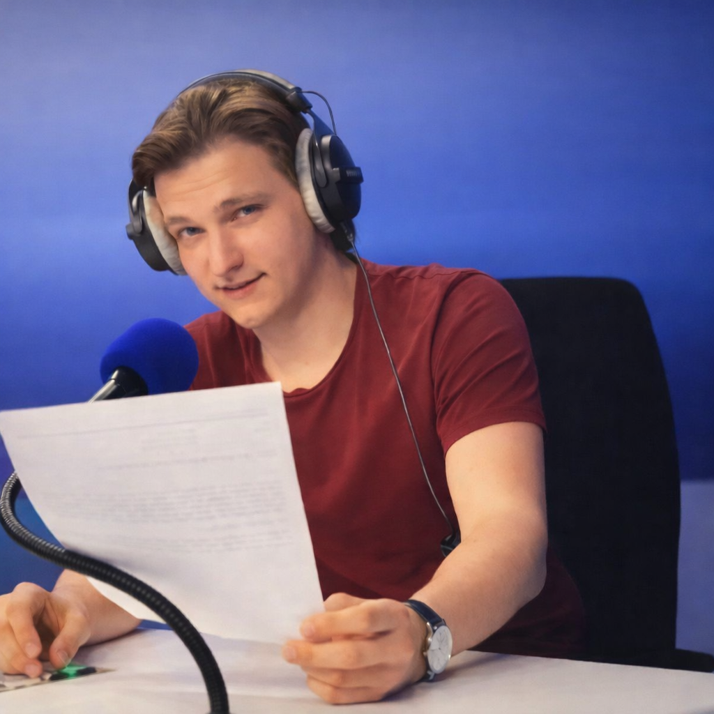 Un homme jeune, avec des cheveux bruns, portant un t-shirt rouge, écouteurs et regarde une feuille de papier tout en étant assis devant un microphone dans un studio d'enregistrement.