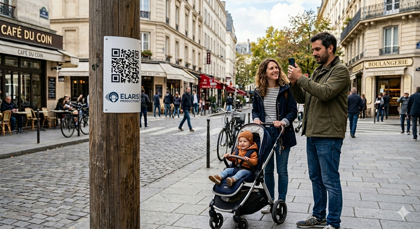 Une famille avec un bébé dans une poussette regarde un code QR posé sur un poteau dans une rue parisienne animée, avec des cafés et des boutiques en fond.