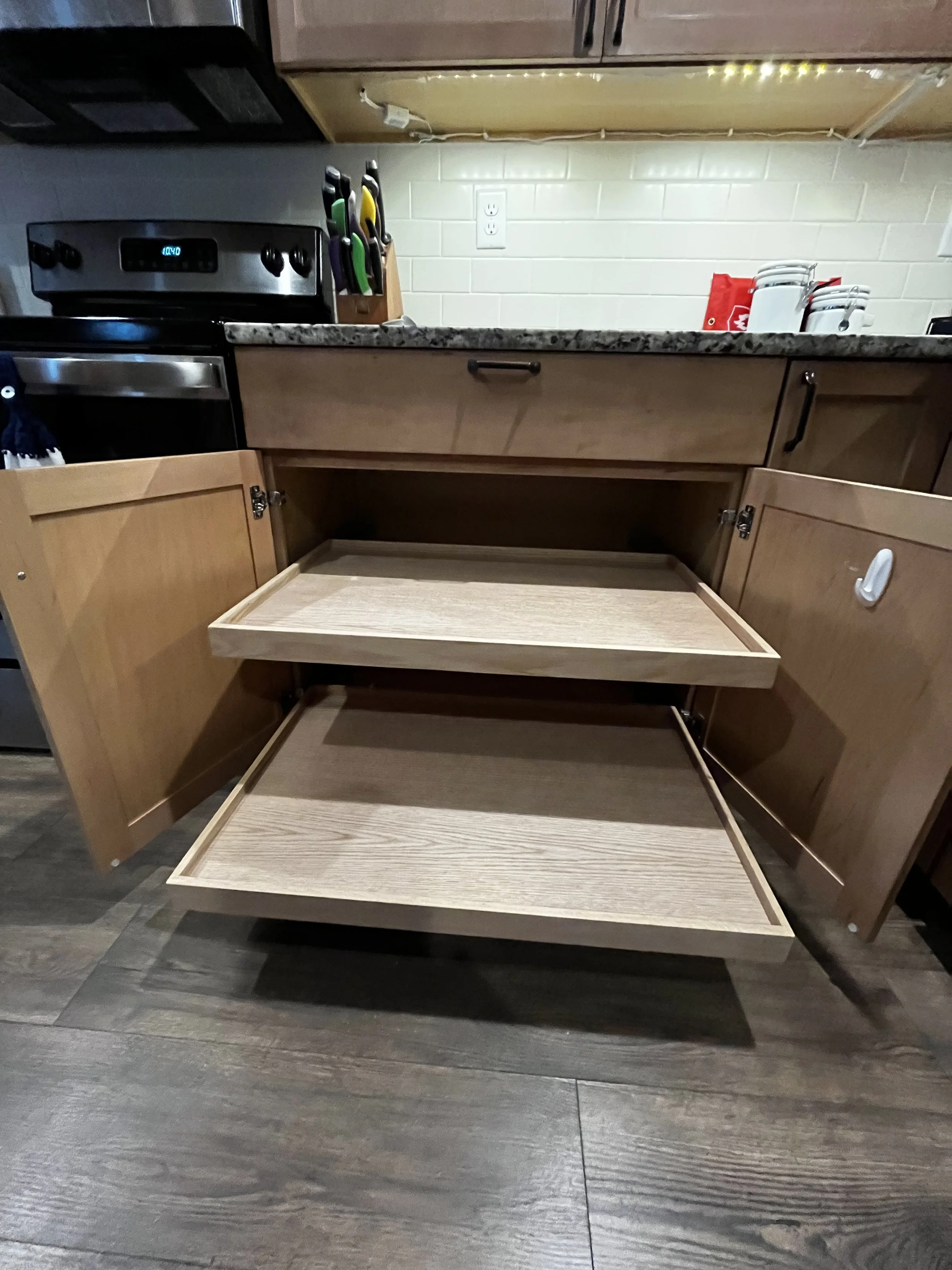 Finished product on larger cabinet (rolled out) 