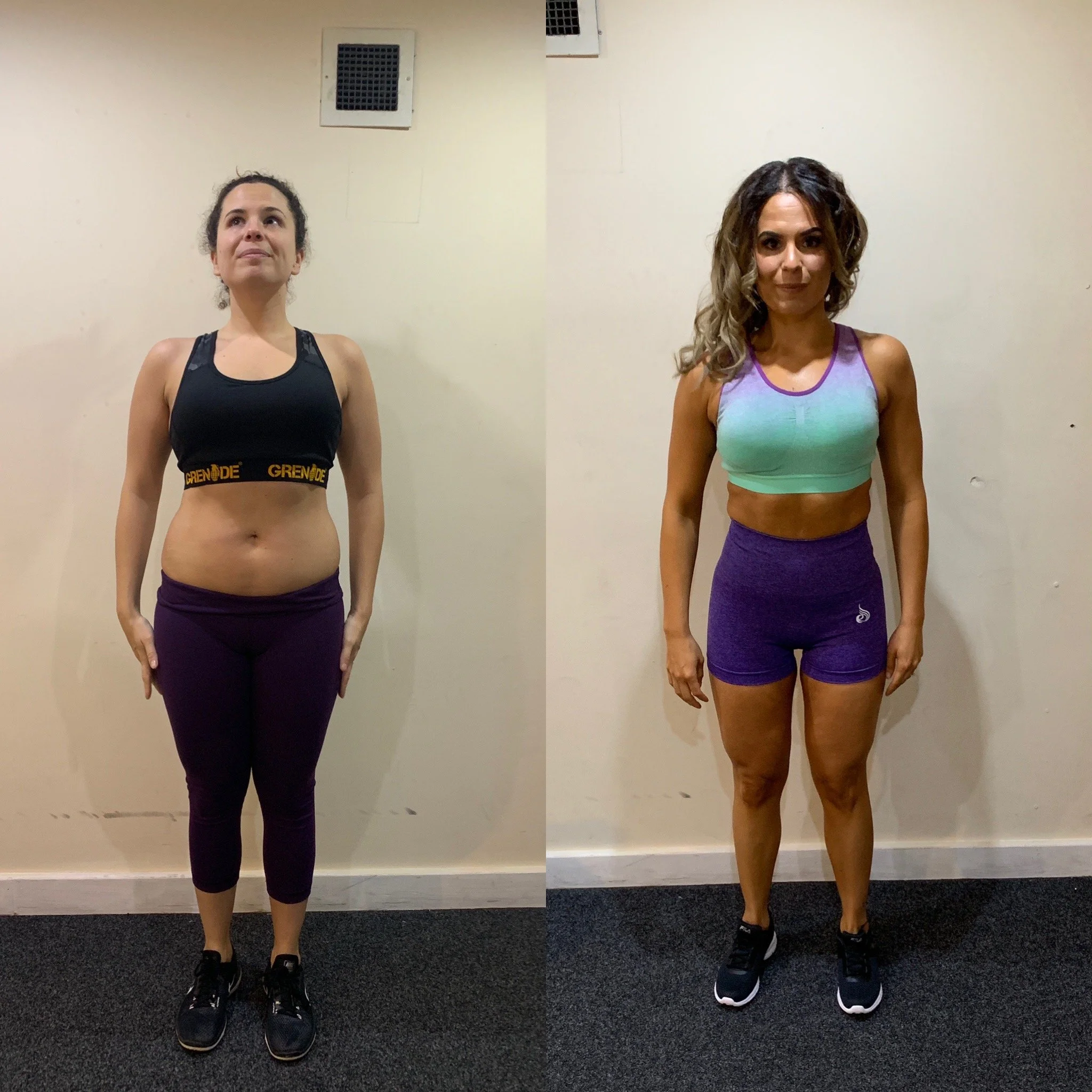 Before and after fitness transformation photo showing a woman in workout clothing with a notable change in body composition, standing against a plain wall.