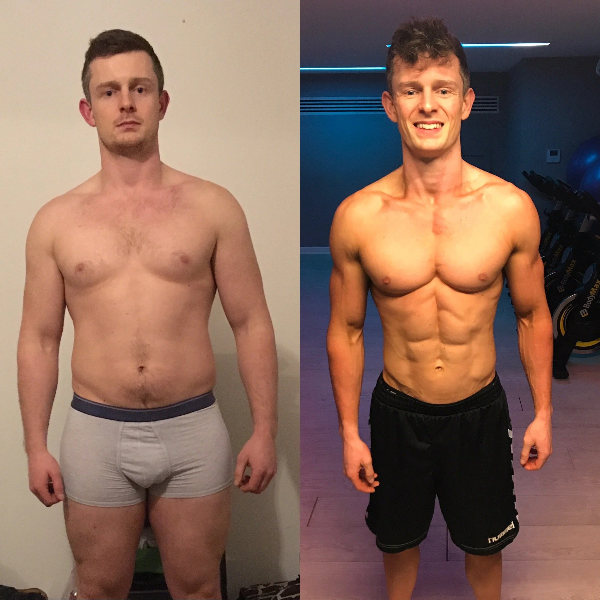 Side-by-side comparison of a shirtless man before and after fitness transformation, showing weight loss and muscle toning.