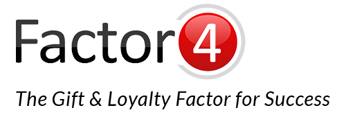 Factor 4 logo with black text and a red circle containing the number 4