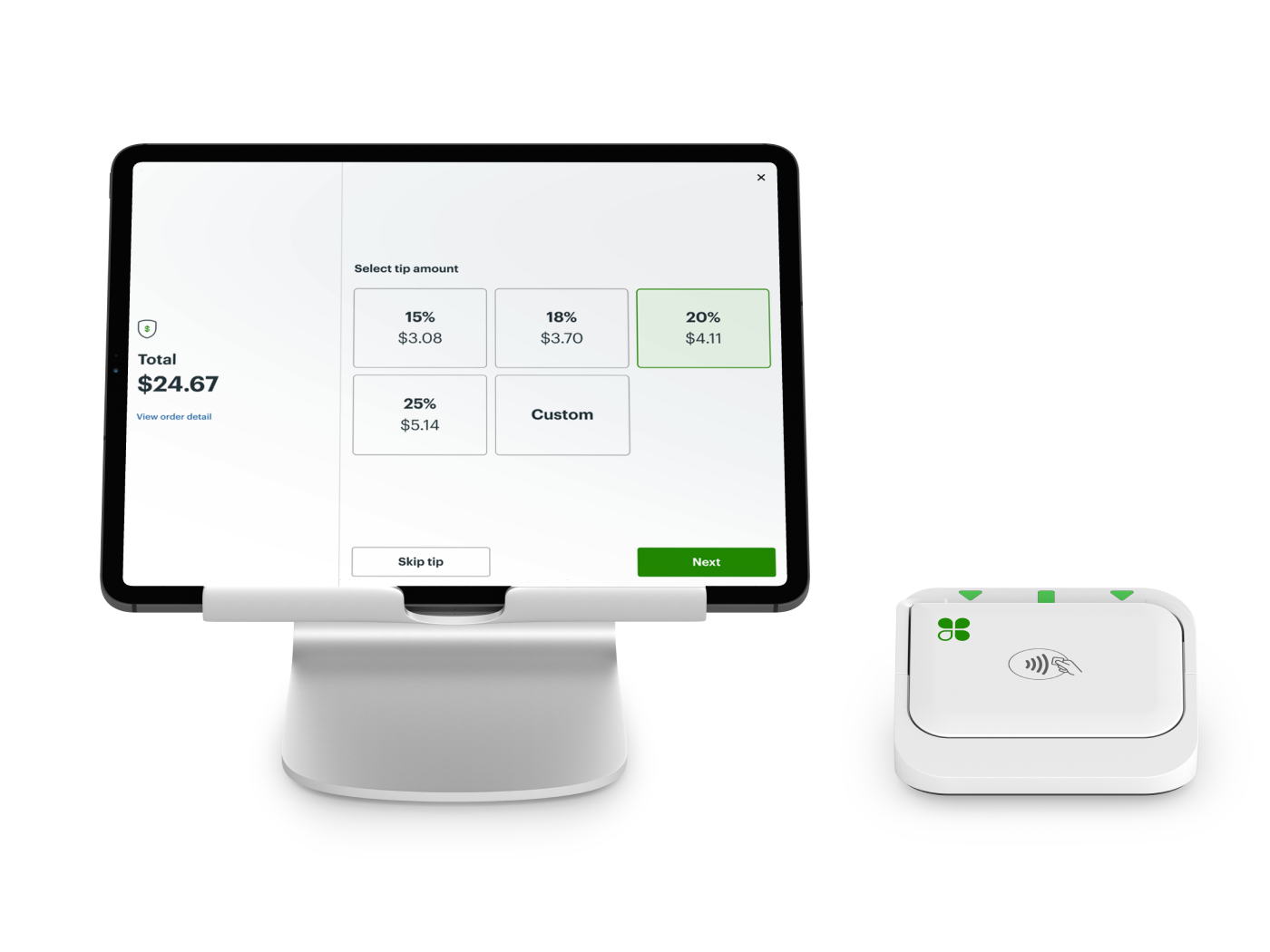 A point-of-sale system with a touchscreen monitor displaying a tip selection interface and a contactless payment device beside it.