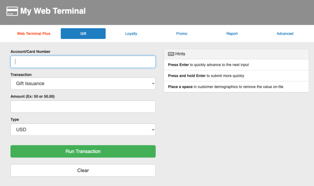 Screenshot of a web-to-terminal interface with sections for account number, gift issuance, amount, and currency, with navigation tabs labeled Web Terminal Plus, Gift, Loyalty, Promo, Report, and Advanced.