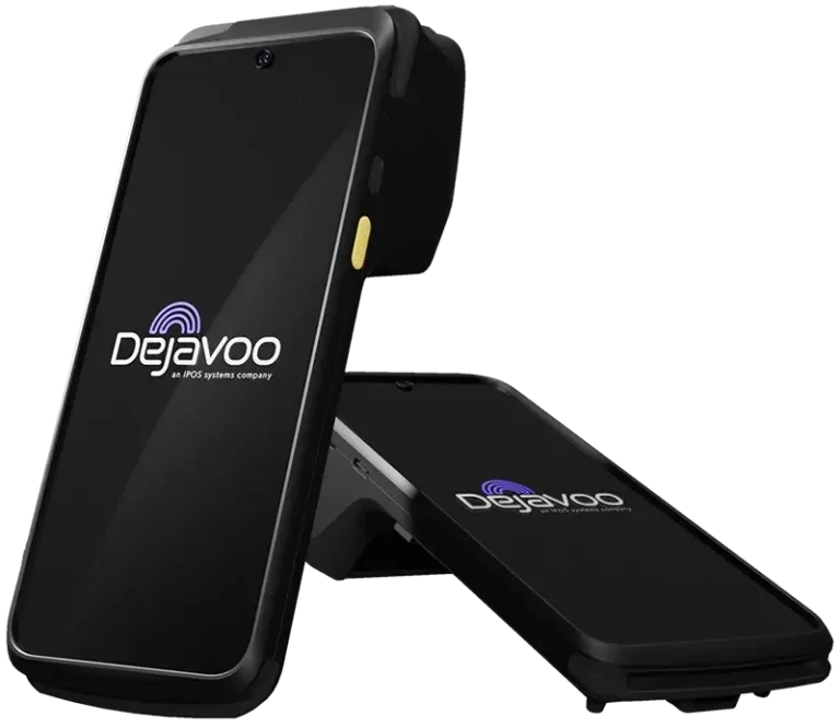 Two black smartphones, one upright and one lying flat, displaying the DejaVoo logo with a purple wifi signal icon.