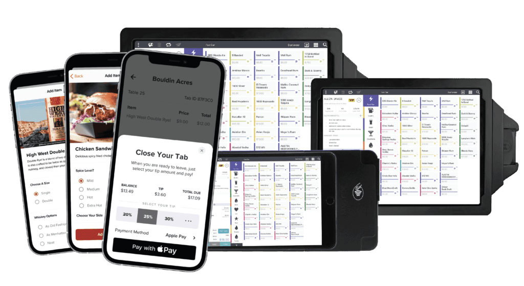 Multiple electronic devices displaying restaurant management and ordering software, including tablets and smartphones with menu screens and payment options.