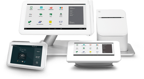 Point-of-sale payment system with a large touchscreen monitor, a smaller touchscreen device, and a card reader.