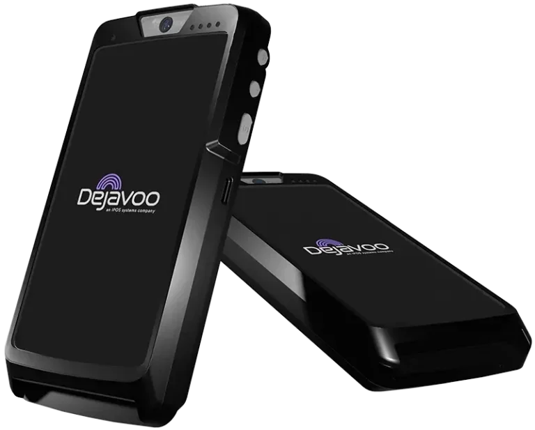 Two black wireless communication devices with screens displaying the Dejavo logo, designed for law enforcement or security use.