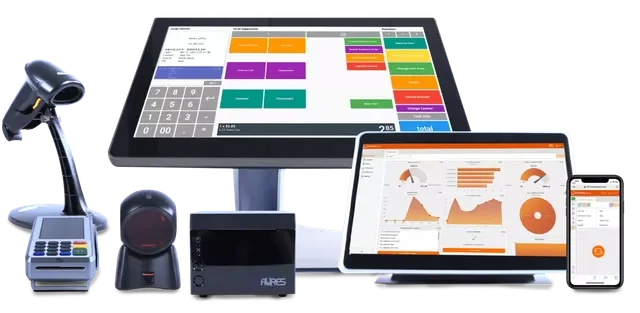 Point of sale (POS) system with a touchscreen cash register, barcode scanner, receipt printer, card reader, audio speaker, and a computer displaying data analytics and charts on the screens.