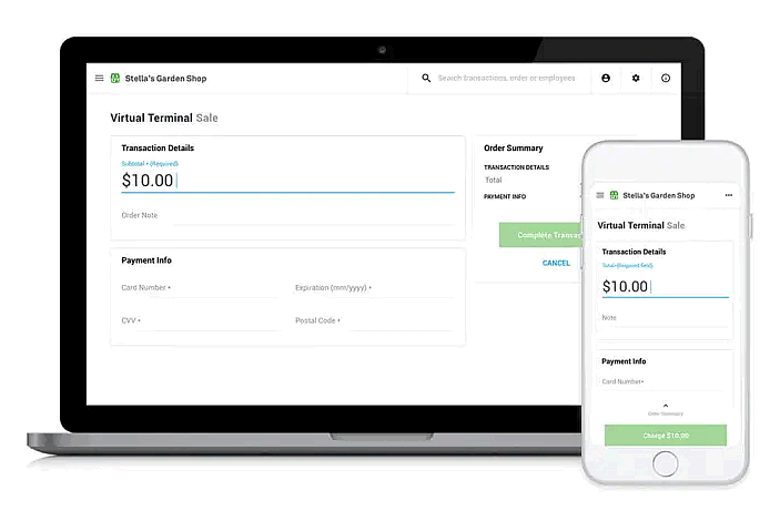 Laptop and smartphone screen showing a virtual terminal checkout process for Stella's Garden Shop, with a $10.00 transaction being entered.