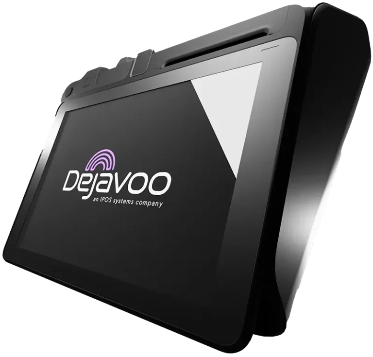 Point of sale terminal with the Dejavoo logo displayed on the screen.