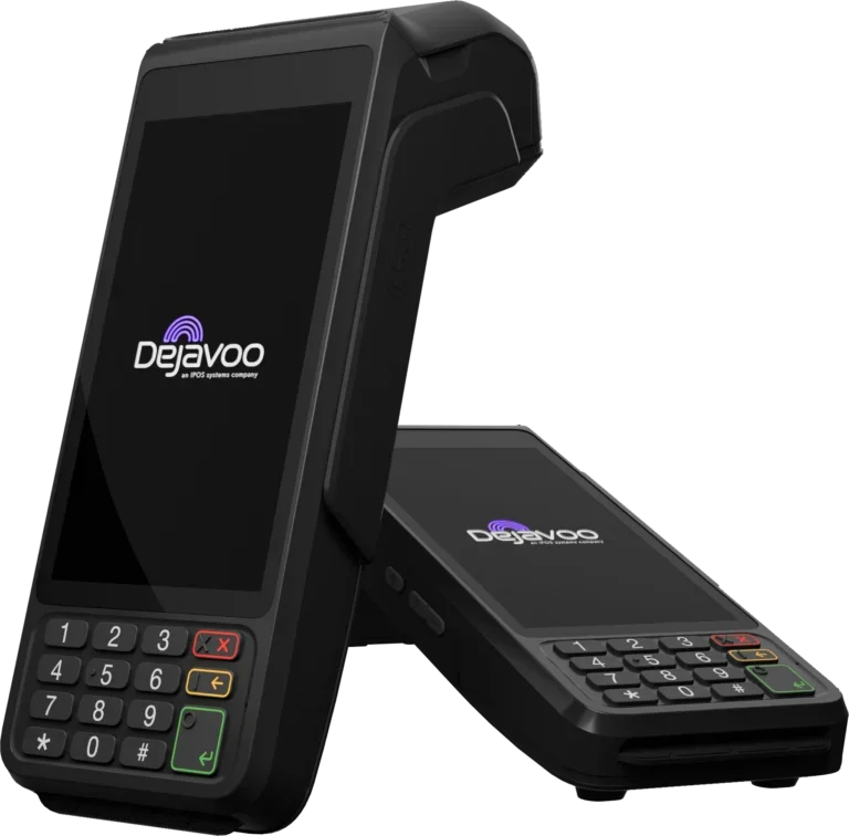 Two handheld point-of-sale credit card terminals with the Dejavoo logo displayed on their screens.