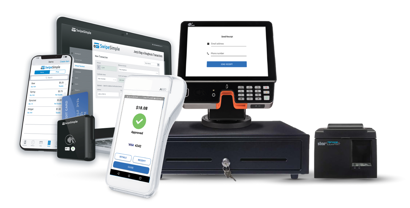 Point of sale system with smartphone, tablet, credit card reader, and receipt printer.