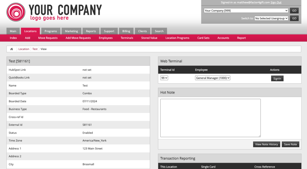 A screenshot of a company management software interface displaying location details including name, boarded date, business type, external ID, status, address, and city, with navigation tabs for main functions at the top.
