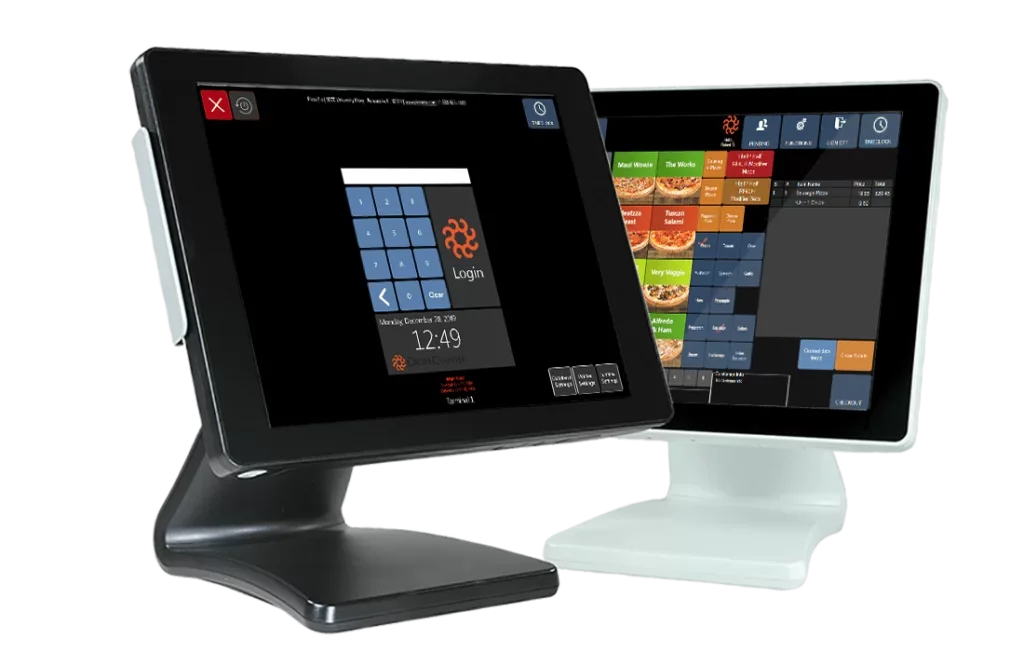 Two electronic touchscreen point of sale systems, one black and one white, displaying restaurant order management interfaces.